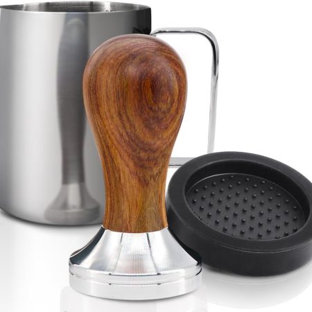 51mm Tamper and 350ml Milk Jug Set with Wooden Handle